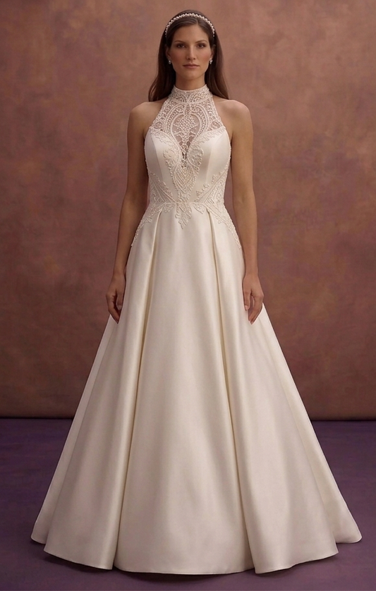 Ivory Satin Bridal Gown with Elegant High Neckline