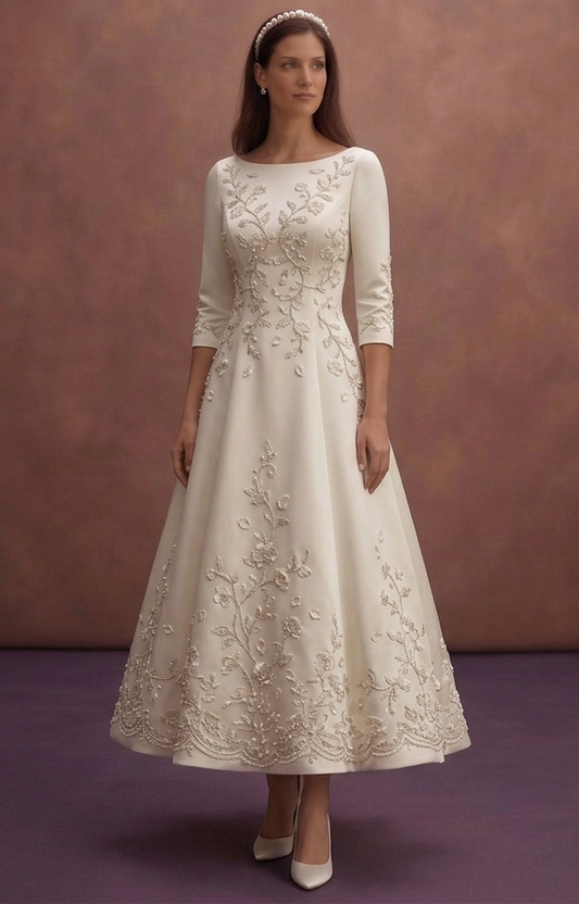 Ivory Satin Court Wedding Dress with Tea Length Hem