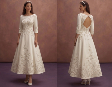Ivory Satin Court Wedding Dress with Tea Length Hem