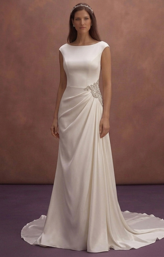 Ivory Satin Sheath Wedding Dress with Side Drape