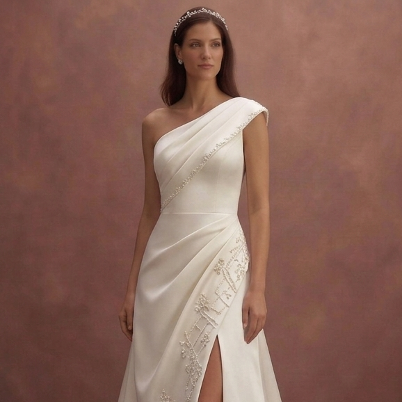 Ivory Satin Wedding Dress with Asymmetric Neckline