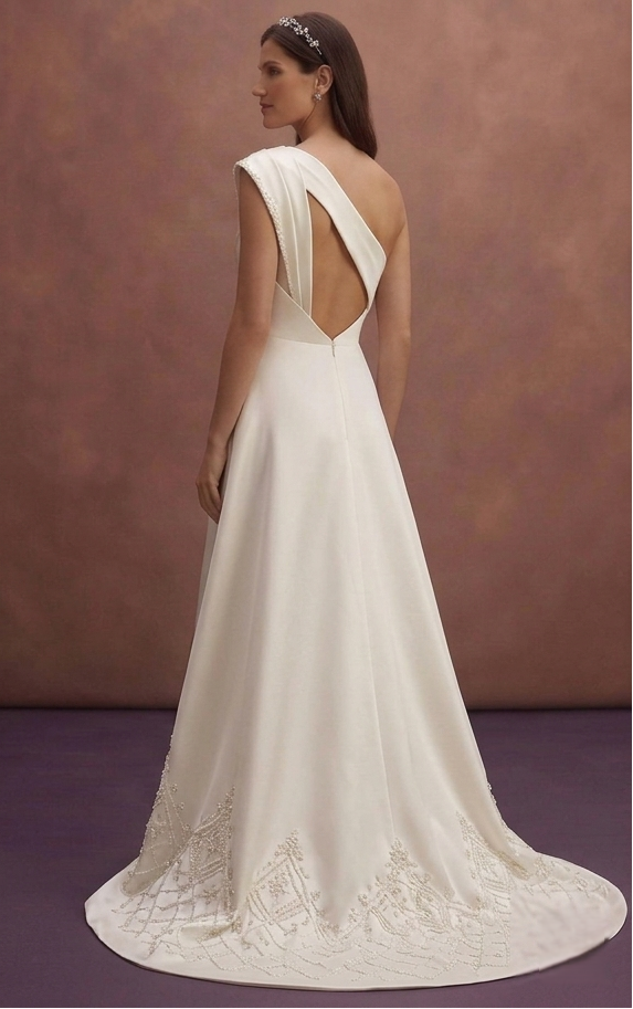 Ivory Satin Wedding Dress with Asymmetric Neckline
