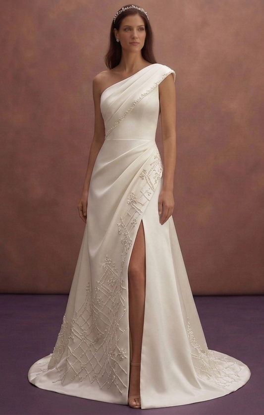 Ivory Satin Wedding Dress with Asymmetric Neckline