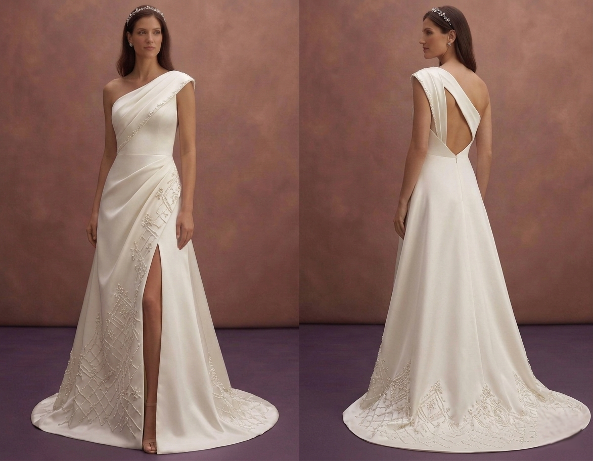 Ivory Satin Wedding Dress with Asymmetric Neckline