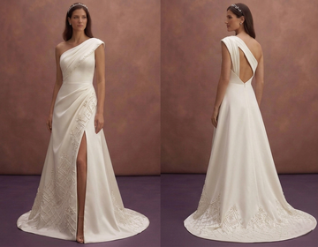 Ivory Satin Wedding Dress with Asymmetric Neckline