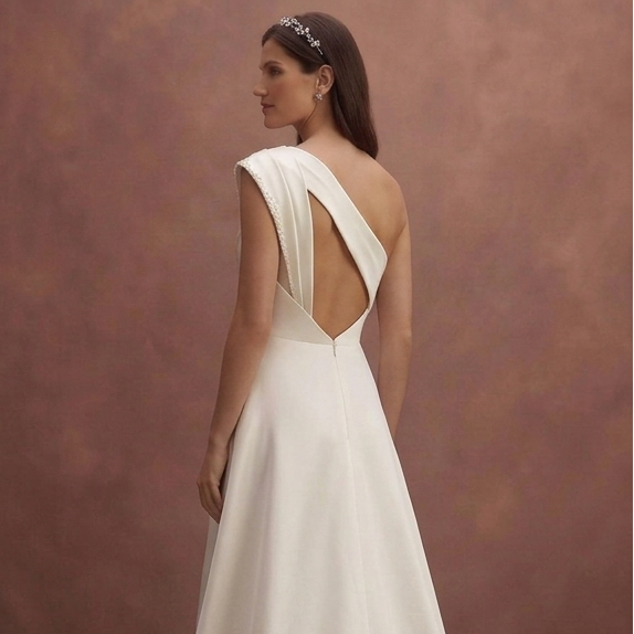 Ivory Satin Wedding Dress with Asymmetric Neckline
