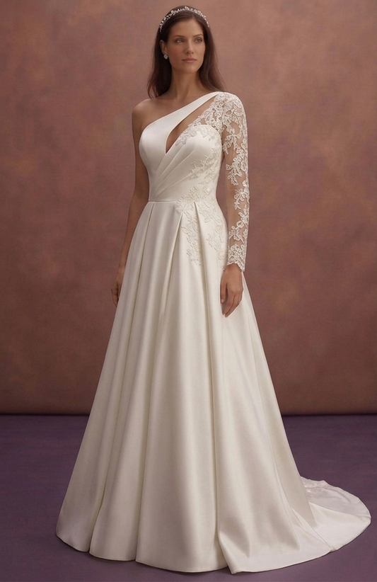 Ivory Satin Wedding Dress with Asymmetrical Neckline
