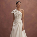 Ivory Satin Wedding Dress with Asymmetrical Neckline Style