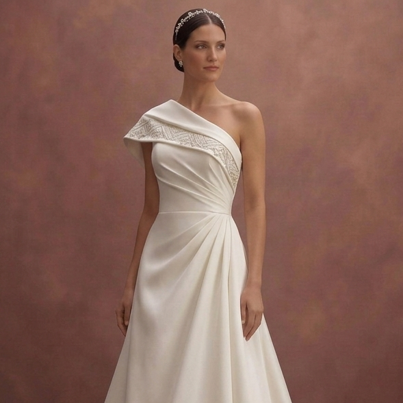 Ivory Satin Wedding Dress with Asymmetrical Neckline Style