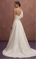 Ivory Satin Wedding Dress with Asymmetrical Neckline Style