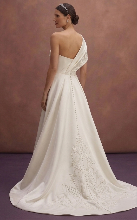 Ivory Satin Wedding Dress with Asymmetrical Neckline Style