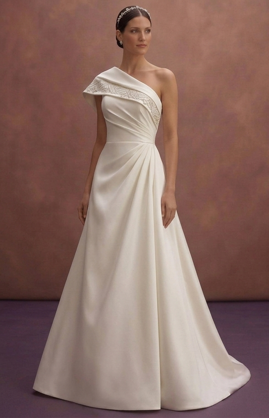 Ivory Satin Wedding Dress with Asymmetrical Neckline Style