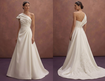 Ivory Satin Wedding Dress with Asymmetrical Neckline Style