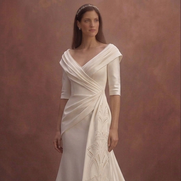 Ivory Satin Wedding Dress with Draped Portrait Neckline