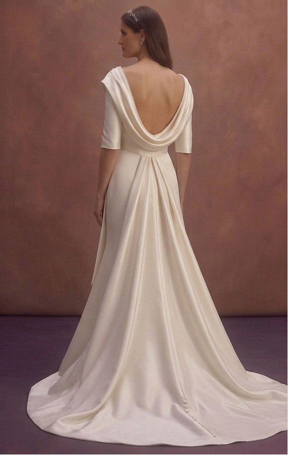 Ivory Satin Wedding Dress with Draped Portrait Neckline