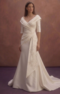 Ivory Satin Wedding Dress with Draped Portrait Neckline
