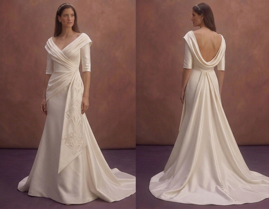 Ivory Satin Wedding Dress with Draped Portrait Neckline