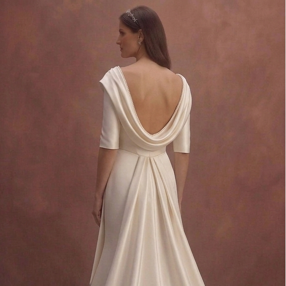 Ivory Satin Wedding Dress with Draped Portrait Neckline