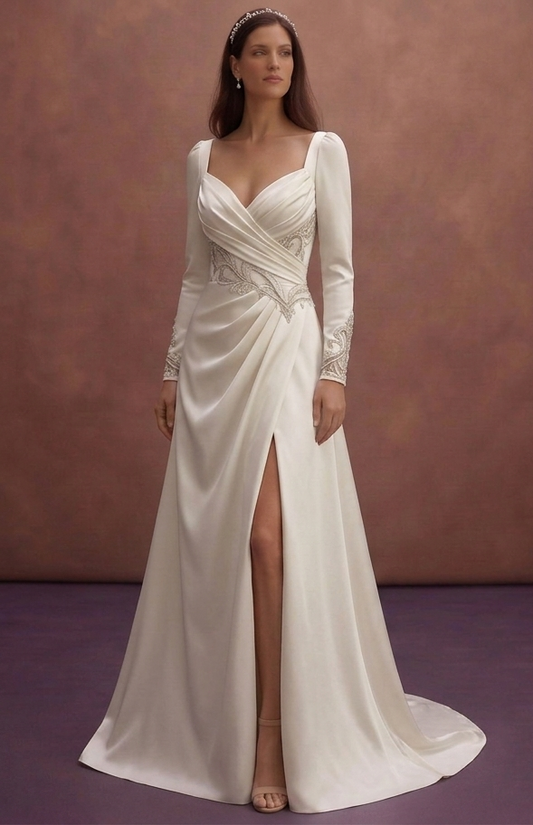 Ivory Satin Wedding Dress with Draped Sweetheart Neckline