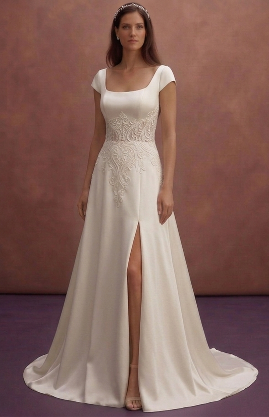 Ivory Satin Wedding Dress with Elegant Pearl Buttons