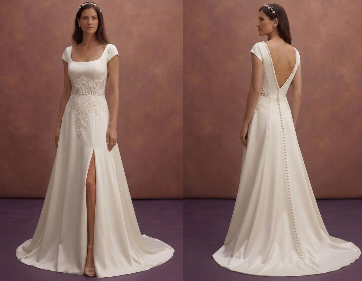 Ivory Satin Wedding Dress with Elegant Pearl Buttons