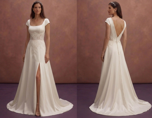 Ivory Satin Wedding Dress with Elegant Pearl Buttons