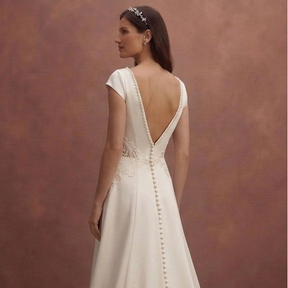 Ivory Satin Wedding Dress with Elegant Pearl Buttons