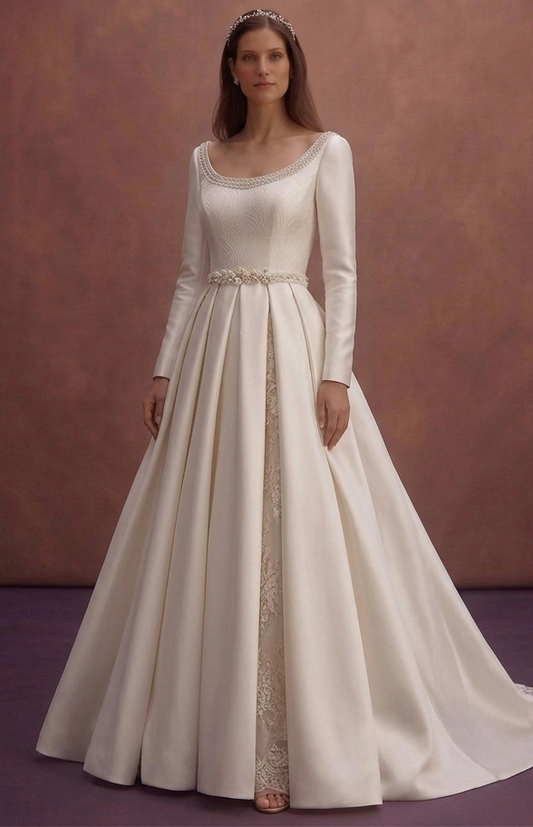 Ivory Satin Wedding Dress with Elegant Portrait Neckline