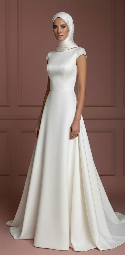 Ivory Silk Elegant Wedding Dress with Hijab – Minimalist & Modern Muslim