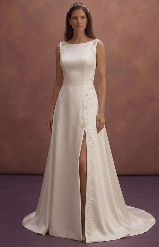 Ivory Simple Satin Wedding Dress with Buttoned Back Detail