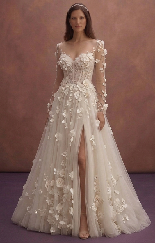 Ivory Tulle Wedding Dress with 3D Floral Appliqué