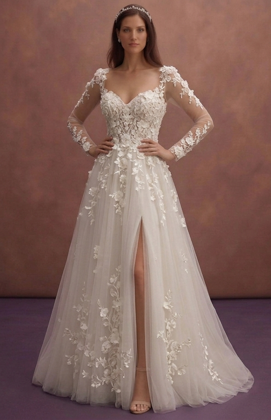 Ivory Tulle Wedding Dress with 3D Floral Embroidery