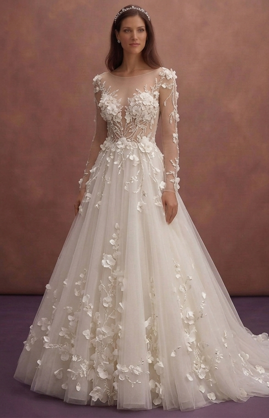 Ivory Tulle Wedding Dress with 3D Floral Romantic Detail