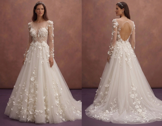 Ivory Tulle Wedding Dress with 3D Floral Romantic Detail