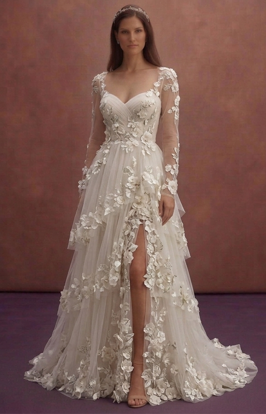 Ivory Tulle Wedding Dress with Floral Appliqué Layers