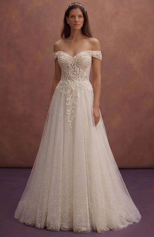 Ivory Tulle Wedding Dress with Pearl Embellished Details