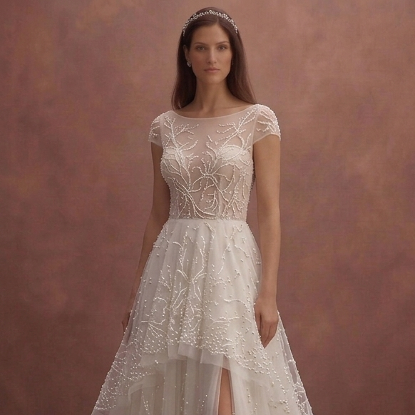 Ivory Tulle Wedding Dress with Pearl Embellished Skirt