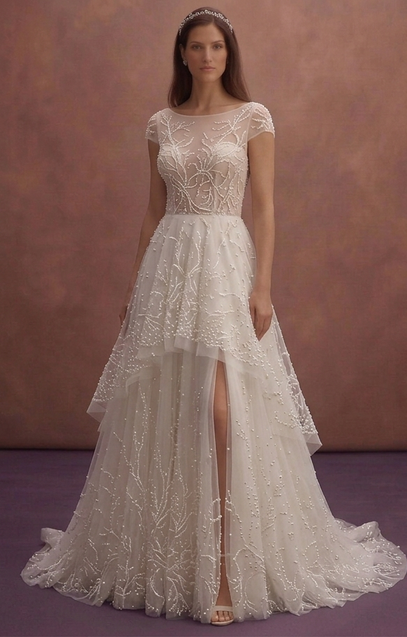 Ivory Tulle Wedding Dress with Pearl Embellished Skirt