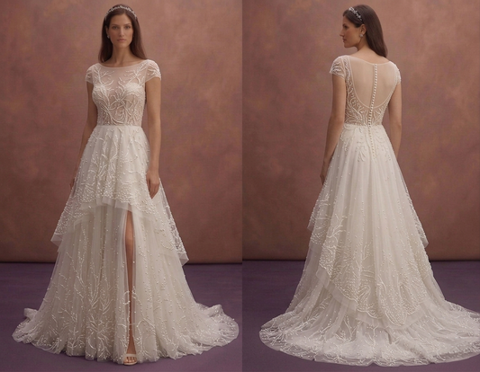 Ivory Tulle Wedding Dress with Pearl Embellished Skirt