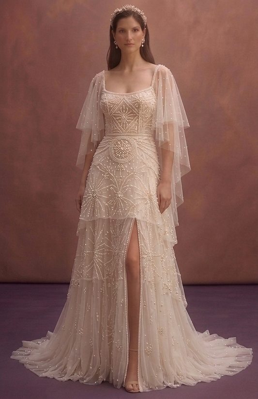 Ivory Tulle Wedding Dress with Pearl Embellishments