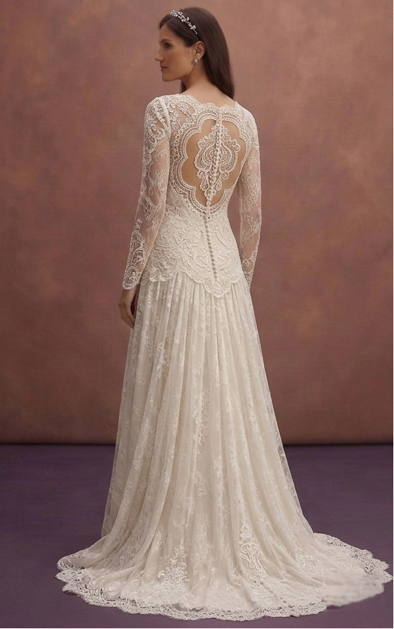 Ivory Vintage Bridal Dress with Long Lace Sleeves