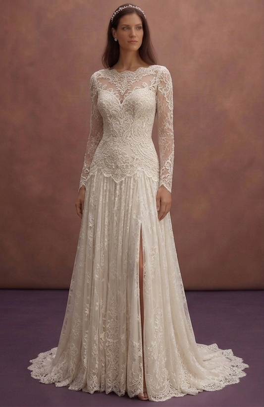 Ivory Vintage Bridal Dress with Long Lace Sleeves