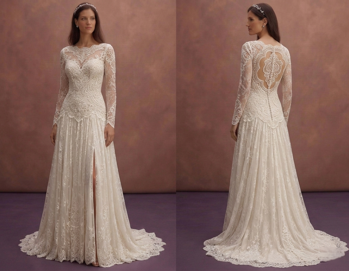 Ivory Vintage Bridal Dress with Long Lace Sleeves