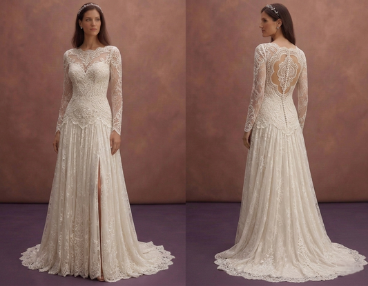 Ivory Vintage Bridal Dress with Long Lace Sleeves