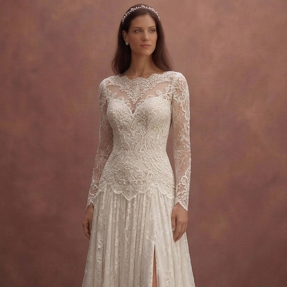 Ivory Vintage Bridal Dress with Long Lace Sleeves