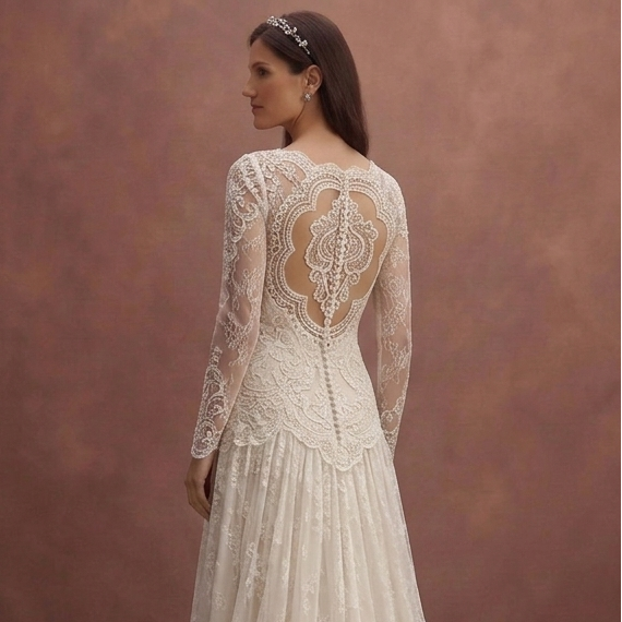 Ivory Vintage Bridal Dress with Long Lace Sleeves