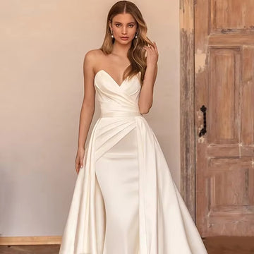 Sexy Satin Off Shoulder Wedding Dresses With Detachable Train Sweetheart A-Line White/Ivory Bridal Gowns vestidos de novia