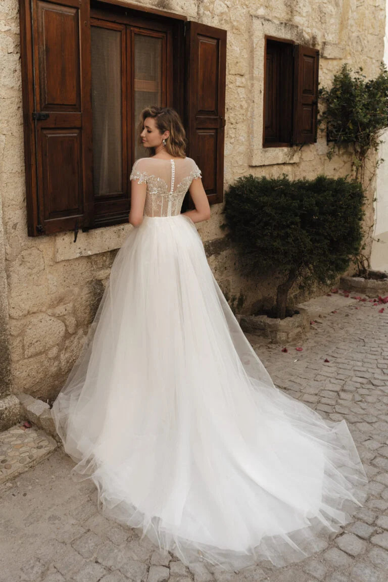 Tulle Wedding Dresses Cap Sleeves Lace Sequin Vestidos De Novia Elegant Tulle Bridal Gown Long Customized Party Guest Dress