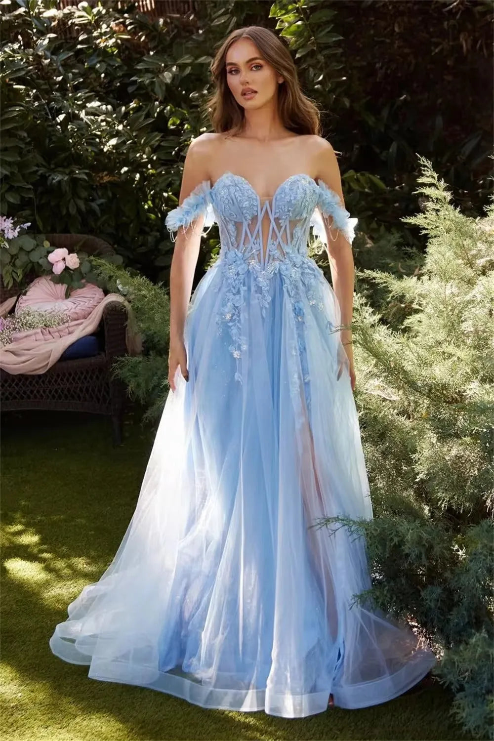 Amanda Baby Blue Vestido De Novia Shiny 3D Flower Lace Prom Dress Side Split Princess Off Shoulder A-line Evening Dress