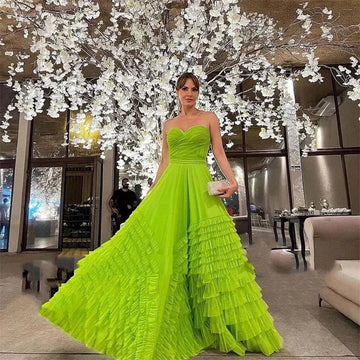 Mint Green Tulle Long Prom Dresses A Line Sweetheart Tiered Women Formal Gowns Floor Length Evening Party Gown